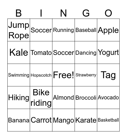 Healthy Foods and Activities Bingo Card