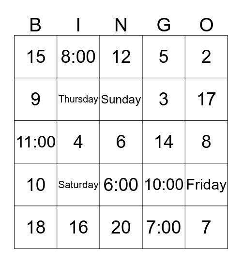 Les nombres et les jours de la semaine Bingo Card
