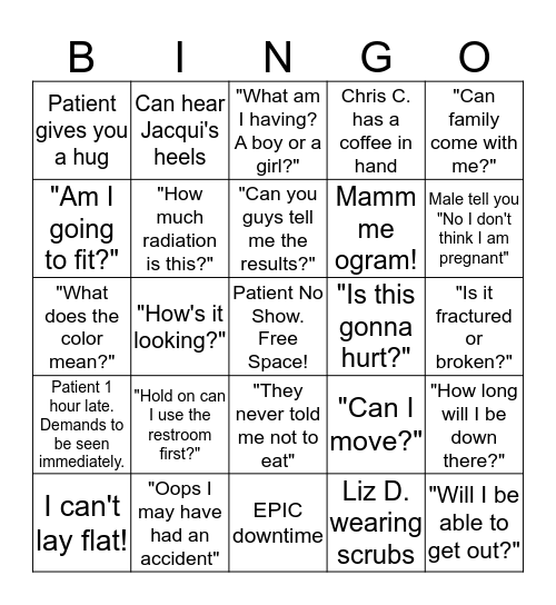 Radiology Tech Week Bingo Card