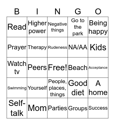 Recovery Bingo Card