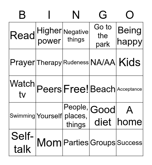 Recovery Bingo Card