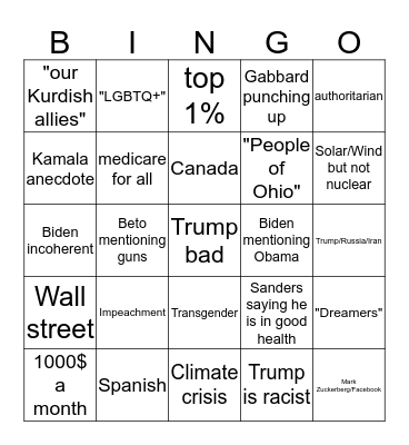 2020 October Debate BINGO Card