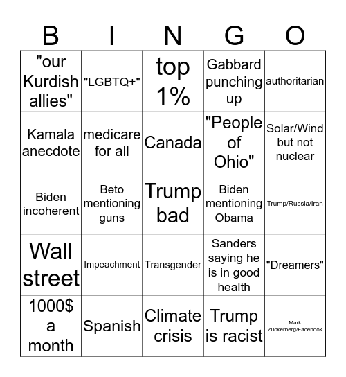 2020 October Debate BINGO Card