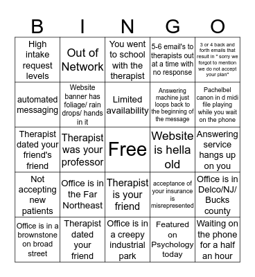 Finding a Philly Therapist Bingo Card