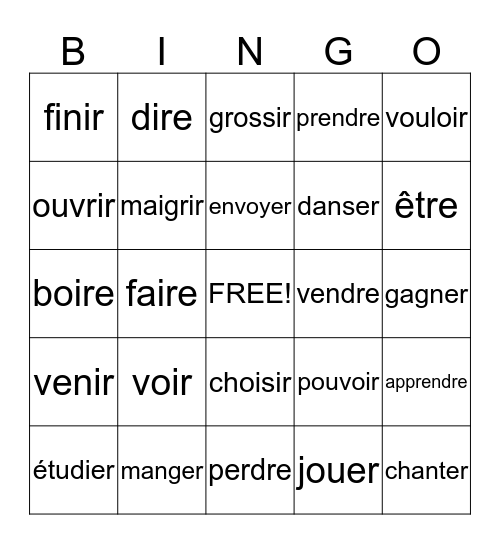Verb Bingo Card
