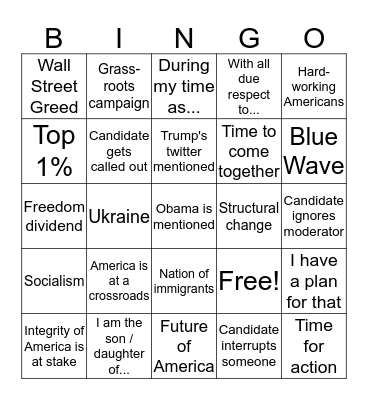 Democratic Debate Bingo! Bingo Card