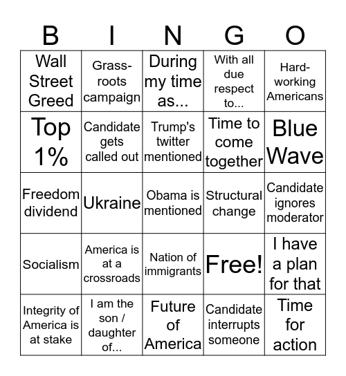 Democratic Debate Bingo! Bingo Card