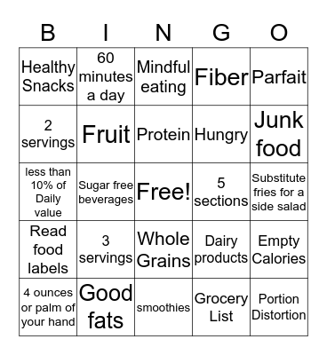 Nutrition Bingo Card