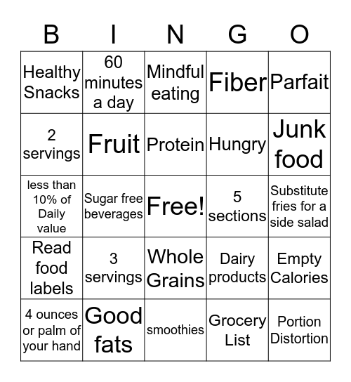 Nutrition Bingo Card