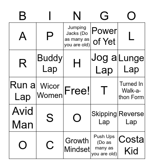 Walk-a-thon Bingo Card