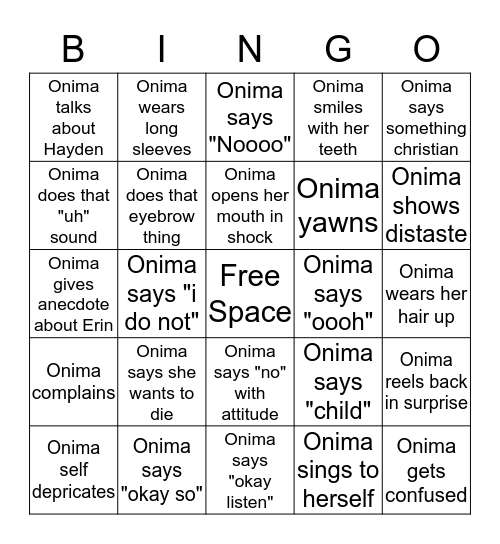 Onima Bingo Card