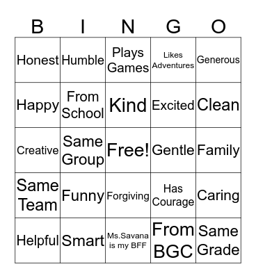 Friendship Bingo Card