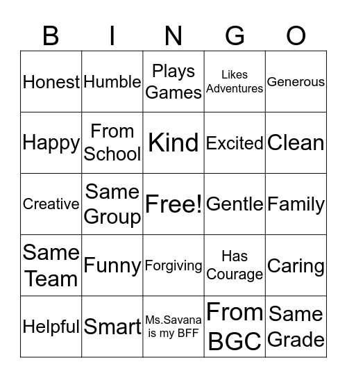 Friendship Bingo Card