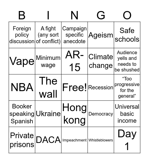 Debate Bingo with Democracy Matters! Bingo Card