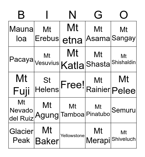 Volcanoes Bingo Card