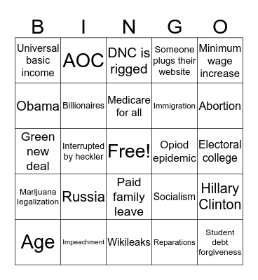 October 2019 Democratic Debate Bingo Card