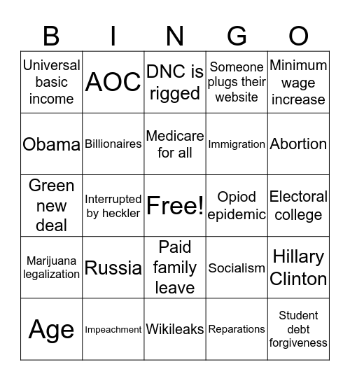 October 2019 Democratic Debate Bingo Card