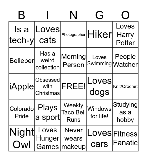 Find A Roommate Bingo! Bingo Card