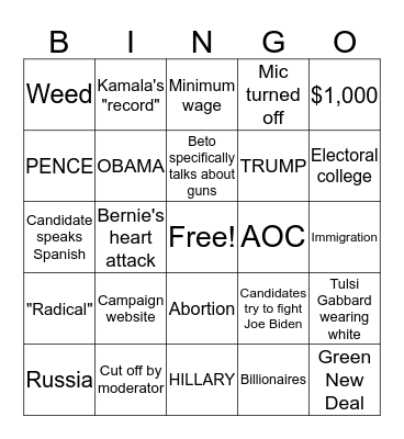 Democratic Debate Bingo Card