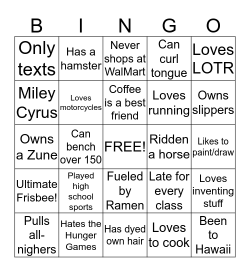 Find A Roommate Bingo! Bingo Card