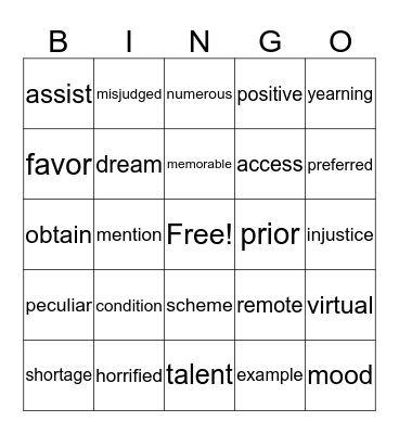 Vocabulary Bingo Card