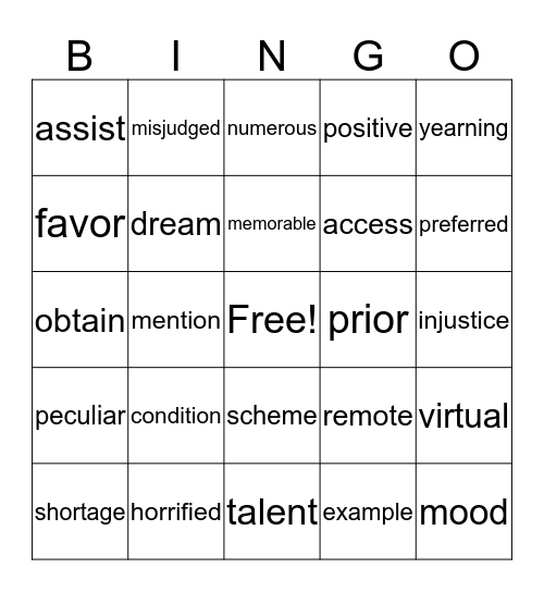 Vocabulary Bingo Card