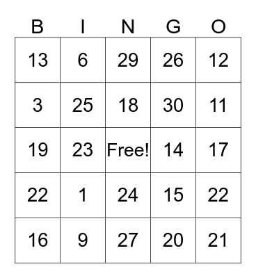 Spanish number Bingo Card