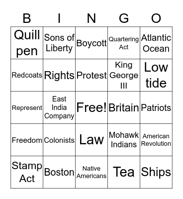 American Revolution Bingo Card