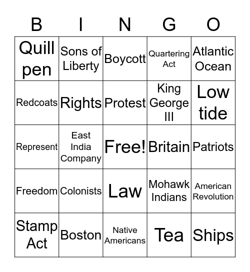 American Revolution Bingo Card