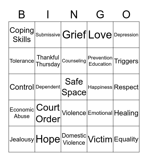 Domestic Violence Bingo Card