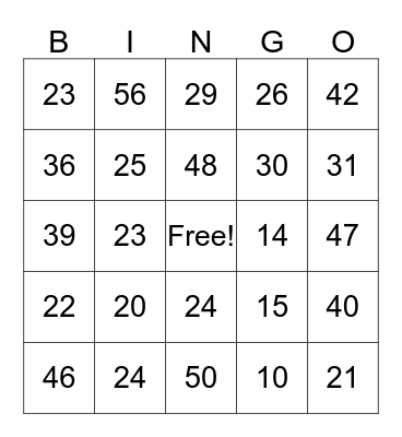 Spanish number Bingo Card