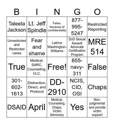 SAPR/CHAPS BINGO Card