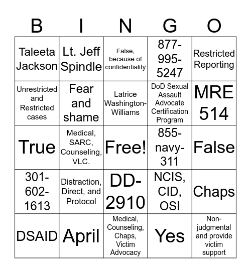 SAPR/CHAPS BINGO Card