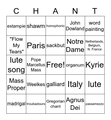 Gregory to Galliard: The First 1000 Years of Western Music Bingo Card