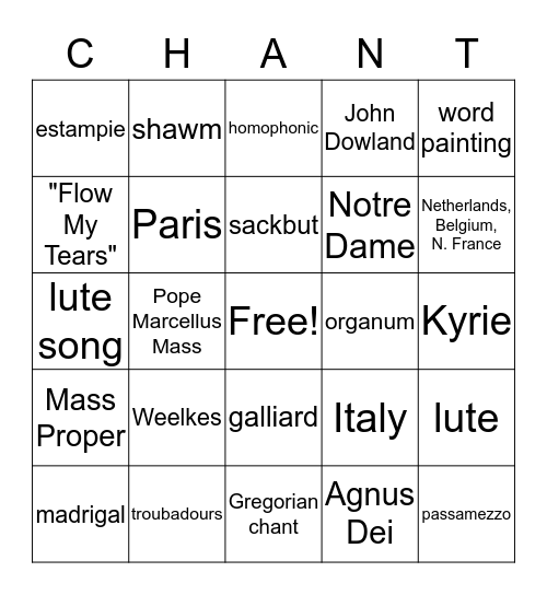 Gregory to Galliard: The First 1000 Years of Western Music Bingo Card