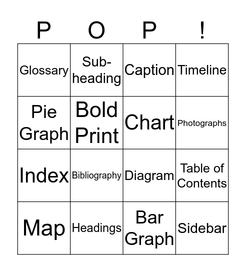 Nonfiction Text Feature Popcorn Bingo Card