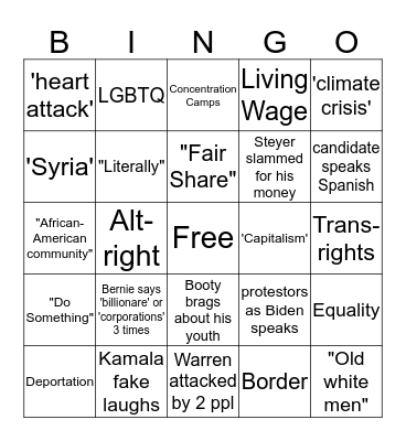 10/15 - 2020 Democratic Debate Bingo Card