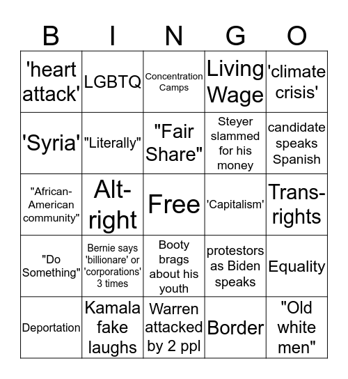 10/15 - 2020 Democratic Debate Bingo Card