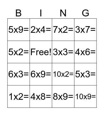 Multiplication Bingo  Bingo Card