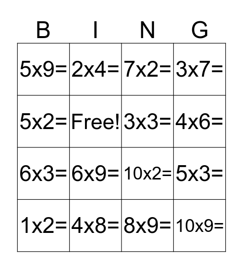Multiplication Bingo  Bingo Card