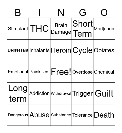 Addiction Bingo Card