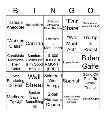 2020 October Debate Bingo Card