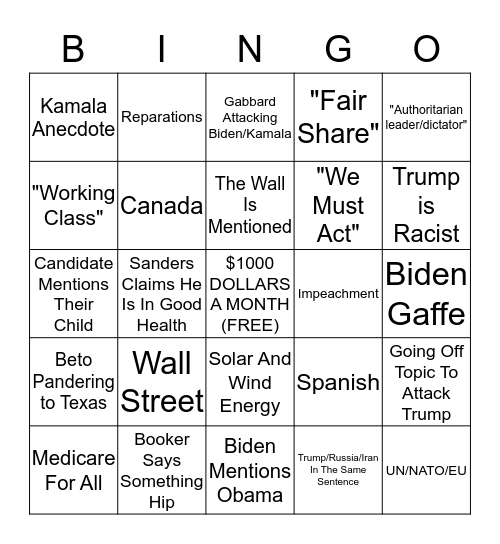 2020 October Debate Bingo Card