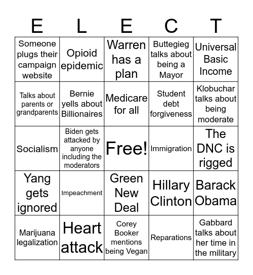 Democratic Debate Bingo Card