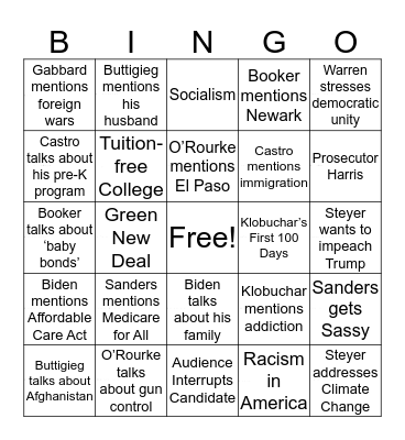 October Dem Debate Bingo Card