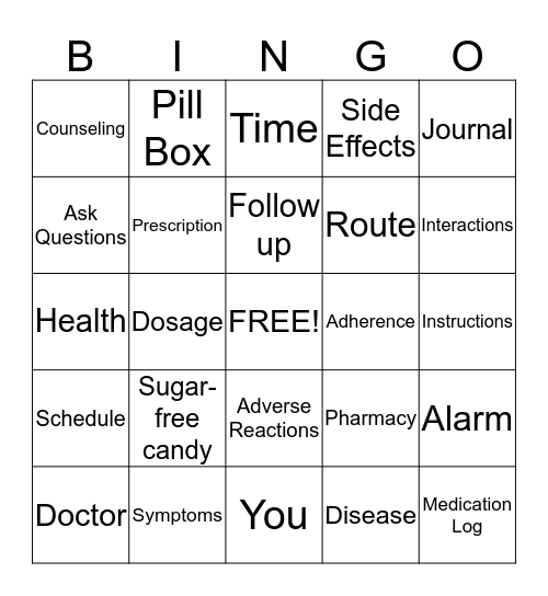 Medication Adherence Bingo Card