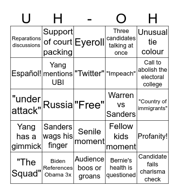 October Democratic Debate Bingo Card