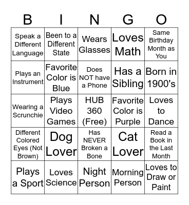 HUB 360 Getting to Know You Bingo Card
