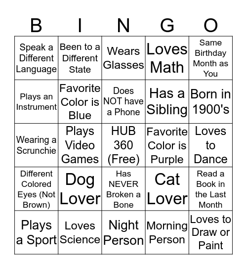 HUB 360 Getting to Know You Bingo Card