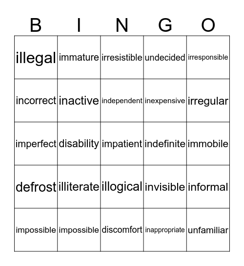 Negative Prefixes Bingo Card